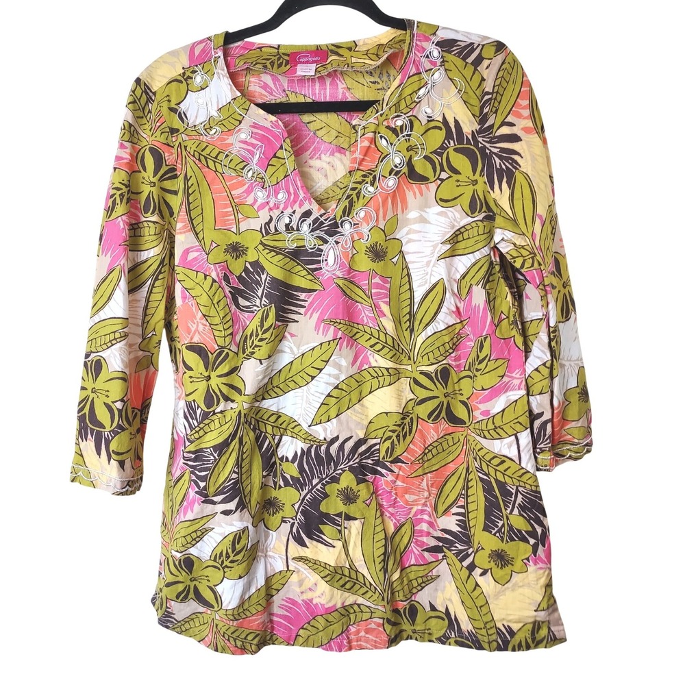 Pappagallo Tropical Floral Tunic Top Women's Size M V-Neck Boho Chic Preppy